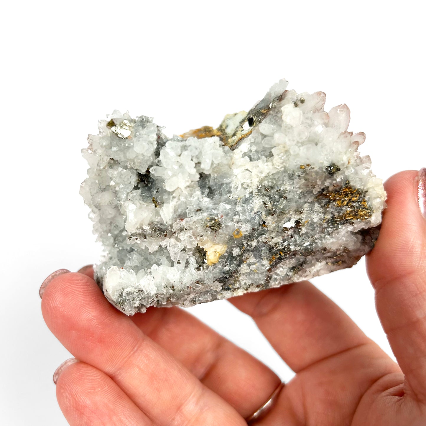 White Calcite with Pyrite Cluster F